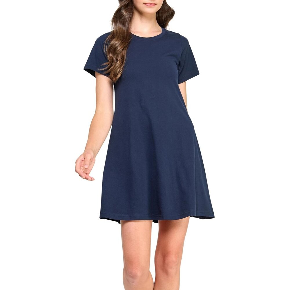Women's Organic Cotton T Shirt Dress Relaxed Fit Casual Blue Medium